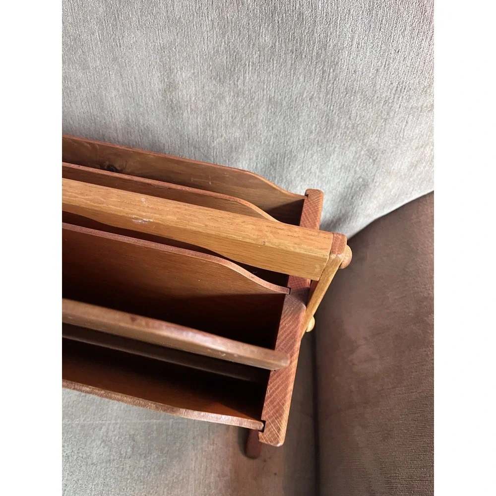 Vintage Oak Wooden Magazine Rack With Handle Adjustable Wheat Design